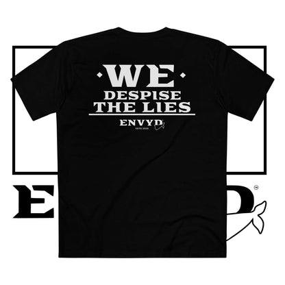 Trendy Statement Tee with "ENVYD: We Despise The Lies" graphic, premium 100% cotton, black color.